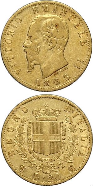 obverse: Regno d Italia, Vittorio Emanuele II (1861-1878), serietta in oro 1863 (3): 20 Lire, 10 Lire, 5 Lire. BB/BB+
				