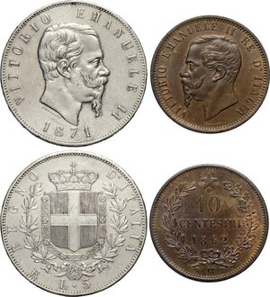 obverse: Regno d Italia, Vittorio Emanuele II (1861-1878), Lotto di 4 monete: 5 Lire 1871-R (Rara pulita BB+), Lira 1863-M stemma (pulita SPL-FDC), 50 Centesimi 1862-T (RR pulita BB-SPL), 10 Centesimi 1862-M (SPL-FDC)
				