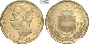 obverse: Regno d Italia, Umberto I (1878-1900), 100 Lire 1883, Rara Au 35 mm 32,25 g, di eccelsa qualità con i fondi speculari, in Slab NGC MS63 PL (Prooflike)
				