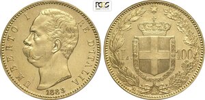 obverse: Regno d Italia, Umberto I (1878-1900), 100 Lire 1883, Rara Au 35 mm 32,25 g, in Slab PCGS MS61
				