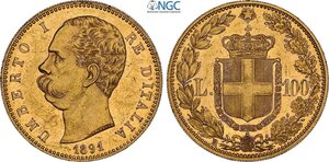 obverse: Regno d Italia, Umberto I (1878-1900), 100 Lire 1891, tiratura di 209 esemplari, RRR Au 35 mm 32,25 g, fondi speculari, in Slab NGC MS61 PL
				