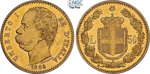 obverse: Regno d Italia, Umberto I (1878-1900), 50 Lire 1884, tiratura di 2532 esemplari, Rara Au 28 mm 16,12 g, alta conservazione, in Slab NGC MS62 Top Pop! (cert. 6637268008)
				