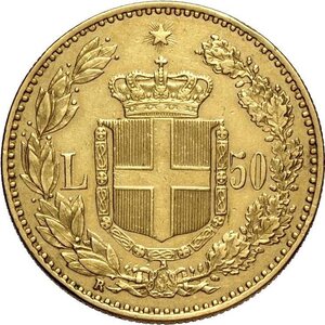 reverse: Regno d Italia, Umberto I (1878-1900), 50 Lire 1884, tiratura di 2532 esemplari, Rara Au 28 mm 16,05 g, lieve restauro sul contorno altrimenti BB-SPL
				