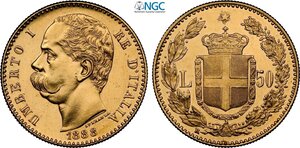 obverse: Regno d Italia, Umberto I (1878-1900), 50 Lire 1888, tiratura di 2125 esemplari, RR Au 28 mm 16,12 g, in Slab NGC UNC-cleaned
				