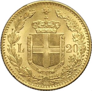 reverse: Regno d Italia, Umberto I (1878-1900), 20 Lire 1881, Au 21 mm 6,43 g, q.FDC
				