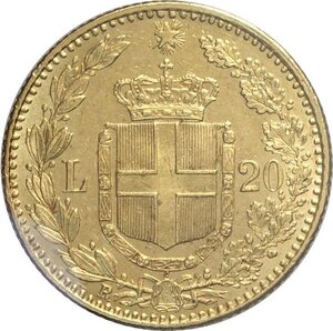 reverse: Regno d Italia, Umberto I (1878-1900), 20 Lire 1884, RR Au 21 mm 6,45 g, sigillata q.FDC da Perito numismatico
				