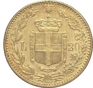 reverse: Regno d Italia, Umberto I (1878-1900), 20 Lire 1889, Rara Au 21 mm 6,45 g, sigillata SPL da Perito numismatico
				