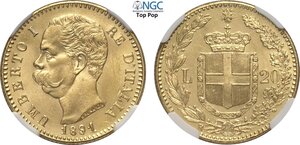 obverse: Regno d Italia, Umberto I (1878-1900), 20 Lire 1891, Au 21 mm 6,45 g, in Slab NGC MS65 Top Pop! (cert. 2789370007)
				