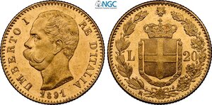 obverse: Regno d Italia, Umberto I (1878-1900), 20 Lire 1891, Au 21 mm 6,45 g, in Slab NGC MS64
				