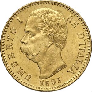 obverse: Regno d Italia, Umberto I (1878-1900), 20 Lire 1893, Au 21 mm 6,45 g, fondi lucenti, q.FDC
				