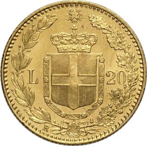 reverse: Regno d Italia, Umberto I (1878-1900), 20 Lire 1893, Au 21 mm 6,45 g, fondi lucenti, q.FDC
				