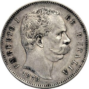 obverse: Regno d Italia, Umberto I (1878-1900), 5 Lire 1878, RR Ag 37 mm, un lieve colpetto, BB+
				