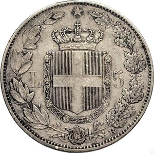 reverse: Regno d Italia, Umberto I (1878-1900), 5 Lire 1878, RR Ag 37 mm, un lieve colpetto, BB+
				