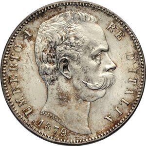 obverse: Regno d Italia, Umberto I (1878-1900), 5 Lire 1879, Ag 37 mm, un paio di trascurabili segnetti di contatto ma di gran freschezza e qualità. FDC
				