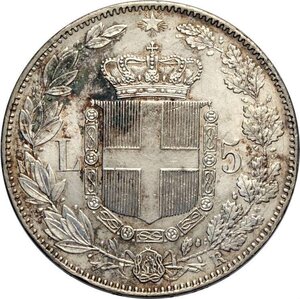 reverse: Regno d Italia, Umberto I (1878-1900), 5 Lire 1879, Ag 37 mm, un paio di trascurabili segnetti di contatto ma di gran freschezza e qualità. FDC
				