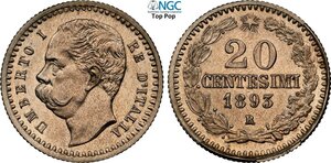 obverse: Regno d Italia, Umberto I (1878-1900), 20 Centesimi 1893 Prova, RRRR Pag-128 Cu-Ni 20 mm 4 g, di rara apparizione sul mercato, in Slab NGC MS62 Top Pop! (cert. 6647466002)
				