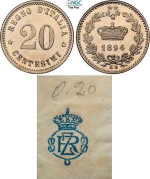 obverse: Regno d Italia, Umberto I (1878-1900), 20 Centesimi 1894-KB Prova, RRRR Pag- (cfr. 130) Cu-Ni 21 mm 4 g, pochissimi esemplari conosciuti di questa prova con segno di zecca Berlino (KB). Corredato da bustina della RZ e di qualità eccezionale, unico esemplare censito, in Slab NGC MS66 Top Pop! (cert. 6647292014)
				