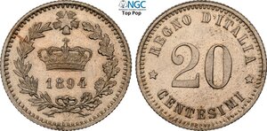 obverse: Regno d Italia, Umberto I (1878-1900), 20 Centesimi 1894-R Prova, Pag-130 Cu-Ni 21 mm 4 g, in Slab NGC MS65 Top Pop! (cert. 6647292015)
				