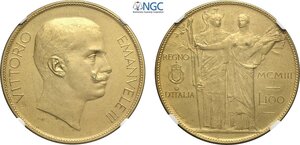 obverse: Regno d Italia, Vittorio Emanuele III (1900-1943), 100 Lire 1903 Prova in rame dorato, Rara Pag-139 Cu 35 mm 17 g, in Slab NGC MS62 Matte (cert. 6647356017 second best grade)
				