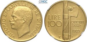 obverse: Regno d Italia, Vittorio Emanuele III (1900-1943), 100 Lire 1923-P (di Prova), coniati 25 esemplari, RRRR Pag-157 Au 35 mm 32,25 g, in Slab NGC PF60 Matte (cert. 6635668004 second best grade)
				