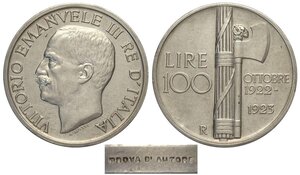 obverse: Regno d Italia, Vittorio Emanuele III (1900-1943), 100 Lire 1923 Prova in Argento d Autore, Sim-14/1 Mont-39 RRRRR Ag 35 mm 19,30 g, sul taglio in incuso 