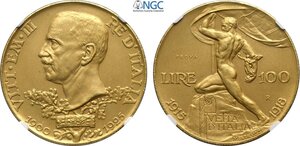 obverse: Regno d Italia, Vittorio Emanuele III (1900-1943), 100 Lire 1925 Prova, RRRR Pag-159 Au 35 mm 32,25 g, in Slab NGC PF62 Matte
				