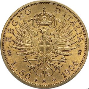 reverse: Regno d Italia, Vittorio Emanuele III (1900-1943), 50 Lire 1904 Prova, RRRRR Pag-163 Cu 28 mm 7,99 g, FDC
				