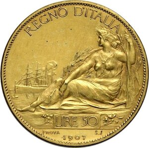 reverse: Regno d Italia, Vittorio Emanuele III (1900-1943), 50 Lire 1907 Prova in rame dorato, RRR Pag-167 Cu 28 mm 8,73 g, SPL-FDC
				