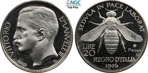 obverse: Regno d Italia, Vittorio Emanuele III (1900-1943), 20 Lire 1906 Prova in Argento, RRRRR Pag-177 Ag 21 mm 4,17 g, prova di grande rarità ancora più rara nella versione proof. Qualità eccezionale, in Slab NGC PF66+ Ultra Cameo Top Pop! (cert. 6643251003 unique census in proof)
				