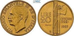 obverse: Regno d Italia, Vittorio Emanuele III (1900-1943), 20 Lire 1923 Prova, RRR Pag-188 Au 21 mm 6,45 g, in Slab NGC MS61 (cert. 6635650016 second best grade)
				