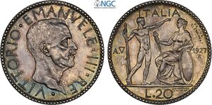 obverse: Regno d Italia, Vittorio Emanuele III (1900-1943), 20 Lire 1927 anno V Prova di Stampa, RRR Pag-195 Ag 35,5 mm 20 g, di eccelsa conservazione, in Slab NGC MS65 (cert. 6635650020 second best grade)
				