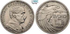 obverse: Regno d Italia, Vittorio Emanuele III (1900-1943), 2 Lire 1922 Prova Tecnica, RRRR Pag-245 Ni 29 mm 10 g, eccezionale, in Slab NGC MS66 Top Pop! (cert. 6647356010)
				