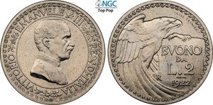 obverse: Regno d Italia, Vittorio Emanuele III (1900-1943), 2 Lire 1922 Prova Tecnica, RR Pag-246 Ni 29 mm 10 g, eccezionale, in Slab NGC MS66 Top Pop! (cert. 6647356012)
				