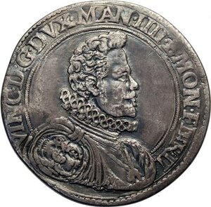 obverse: Casale, Vincenzo I Gonzaga (1587-1612), Ducatone 1595, Rara MIR-291 Ag 41 mm 30,98 g, BB+
				