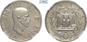 obverse: Regno d Italia, Vittorio Emanuele III (1900-1943), 2 Lire 1936 Prova, RRR Pag-252 Ni 29 mm 10 g, in Slab NGC MS64 (cert. 6647292010 second best grade)
				