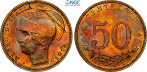 obverse: Regno d Italia, Vittorio Emanuele III (1900-1943), 50 Centesimi 1918 Prova in bronzo chiaro, RR Pag-274 Sim-162a Cu 27,9 mm 8,70 g, in Slab NGC UNC-polished
				