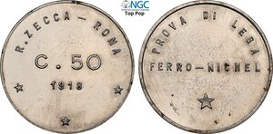 obverse: Regno d Italia, Vittorio Emanuele III (1900-1943), 50 Centesimi 1918 Prova, RRRR Pag-275 Fe-Ni 26 mm 5,68 g, in Slab NGC UNC MS64 Top Pop! (cert. 6647466003)
				