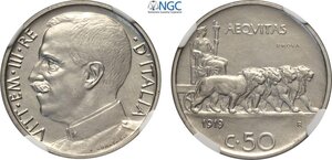 obverse: Regno d Italia, Vittorio Emanuele III (1900-1943), 50 Centesimi 1919 Prova, RR Pag-277 Ni 24 mm 6 g, eccezionale, in Slab NGC MS66 (cert. 2804827024 second best grade)
				