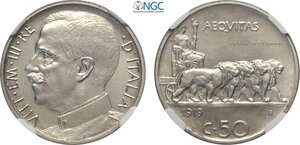 obverse: Regno d Italia, Vittorio Emanuele III (1900-1943), 50 Centesimi 1919 Prova di Stampa, Rara Pag-278 Ni 24 mm 6 g, in Slab NGC MS64 (cert. 6647292018 second best grade)
				