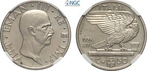 obverse: Regno d Italia, Vittorio Emanuele III (1900-1943), 50 Centesimi 1936 Prova, RRR Pag-283 Ni 24 mm 6 g, in Slab NGC MS65 (cert. 6647292012 second best grade)
				