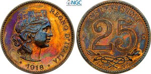 obverse: Regno d Italia, Vittorio Emanuele III (1900-1943), 25 Centesimi 1918 Prova in bronzo chiaro, RR Pag-290 Sim-181a Cu 25,3 mm 6,75 g, in Slab NGC UNC-cleaned
				