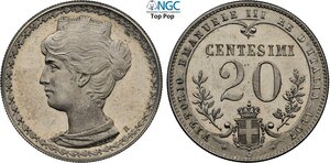 obverse: Regno d Italia, Vittorio Emanuele III (1900-1943), 20 Centesimi 1907 Prova, RRRR Pag-303 Ni 21,4 mm 4,05 g, di eccezionale qualità, in Slab NGC PF65 Top Pop! (cert. 6643530001)
				