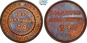 obverse: Regno d Italia, Vittorio Emanuele III (1900-1943), 20 Centesimi 1907 Prova, Rara Pag-304 Cu 29 mm 9,34 g, in Slab NGC PF62 BN Top Pop! (cert. 6643516009)
				