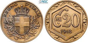 obverse: Regno d Italia, Vittorio Emanuele III (1900-1943), 20 Centesimi 1918 Prova, RRRR Pag-306 Cu-Ni 21,5 mm 3,99 g, prova di rara apparizione sul mercato, in Slab NGC UNC-cleaned
				