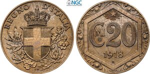 obverse: Regno d Italia, Vittorio Emanuele III (1900-1943), 20 Centesimi 1918 Prova, RRRR Pag-307 Cu-Ni 21,5 mm 4 g, in Slab NGC UNC-cleaned (lieve pulitura)
				