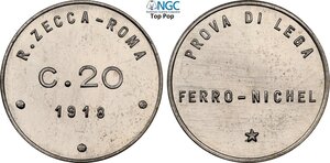 obverse: Regno d Italia, Vittorio Emanuele III (1900-1943), 20 Centesimi 1918 Prova, RRRR Pag-312 Fe-Ni 21,5 mm 4 g, eccezionale esente dalle consuete ossidazioni, in Slab NGC MS66 Top Pop! (cert. 6647466004)
				