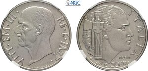 obverse: Regno d Italia, Vittorio Emanuele III (1900-1943), 20 Centesimi 1939 Prova, RRRR Pag-315 Ac 21,7 mm 4 g, in Slab NGC MS64
				