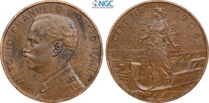 obverse: Regno d Italia, Vittorio Emanuele III (1900-1943), 10 Centesimi 1908 Prova sabbiata, RRR Pag-323 Cu 30 mm 10 g. Seppur non indicato nel label, si tratta della rara versione sabbiata (Matte Proof). In Slab NGC MS61 BN
				