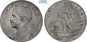 obverse: Regno d Italia, Vittorio Emanuele III (1900-1943), 10 Centesimi 1908 Prova in Alluminio, RRRR Pag-324 Sim-213/1, Al 30 mm 3,20 g. Per questo progetto venne usato il conio del dritto del 4 bese e fu coniato nel 1917 dove vi era necessità di sostituire l utilizzo del rame, assorbito della necessità belliche, con un metallo alternativo. In Slab NGC UNC-cleaned
				