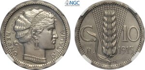 obverse: Regno d Italia, Vittorio Emanuele III (1900-1943), 10 Centesimi 1915 Prova, RR Pag-333 Ni 19 mm 3 g, eccezionale, in Slab NGC MS66 (cert. 2829689006 second best grade)
				